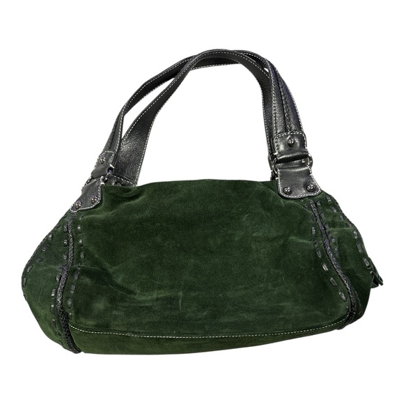 Vintage Abro Women’s Green Suede Shoulder Bag with Black Leather Handles Y2K - Picture 1 of 9